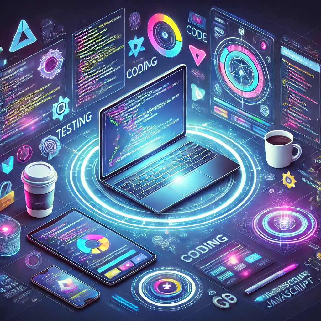 Futuristic illustration of web development with glowing laptop, holographic coding interfaces, and modern workspace elements