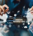Digital marketing business technology concept. Website advertisement email social media network, SEO, SEM video and mobile application icons in virtual screen.