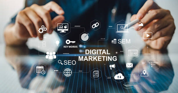 Digital marketing business technology concept. Website advertisement email social media network, SEO, SEM video and mobile application icons in virtual screen.